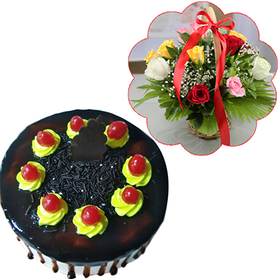 "Round shape Chocolate Cake -500 Gms (Exotica), 12 mixed roses basket - Click here to View more details about this Product